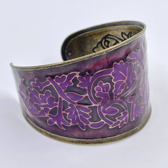 Unbranded Jewelry - Vintage Cuff Bracelet Boho Chunky Vine Leaves Purple Floral Jewelry Brass Tone